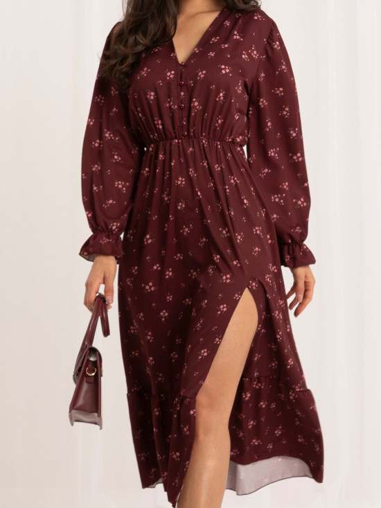 Rochie midi bordo cu imprimeu floral și volan