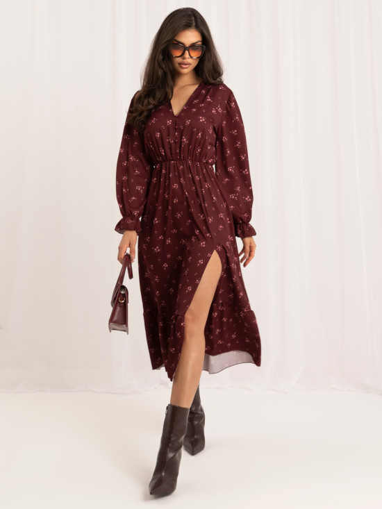 Rochie midi bordo cu imprimeu floral și volan