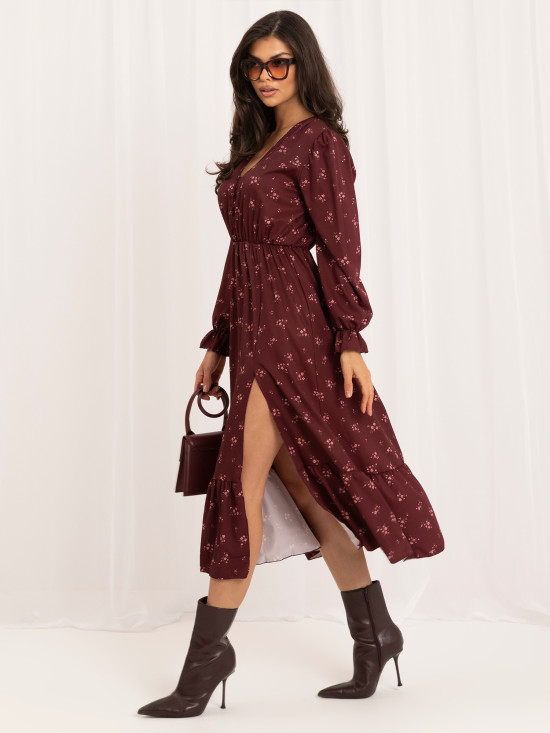 Rochie midi bordo cu imprimeu floral și volan