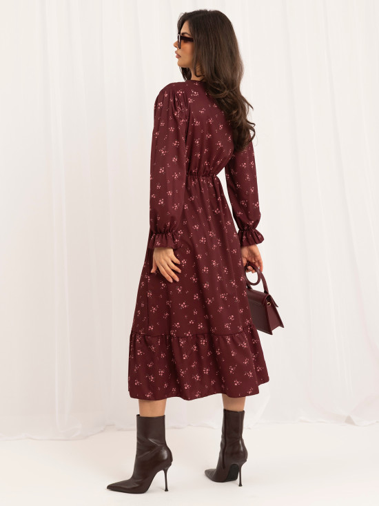 Rochie midi bordo cu imprimeu floral și volan