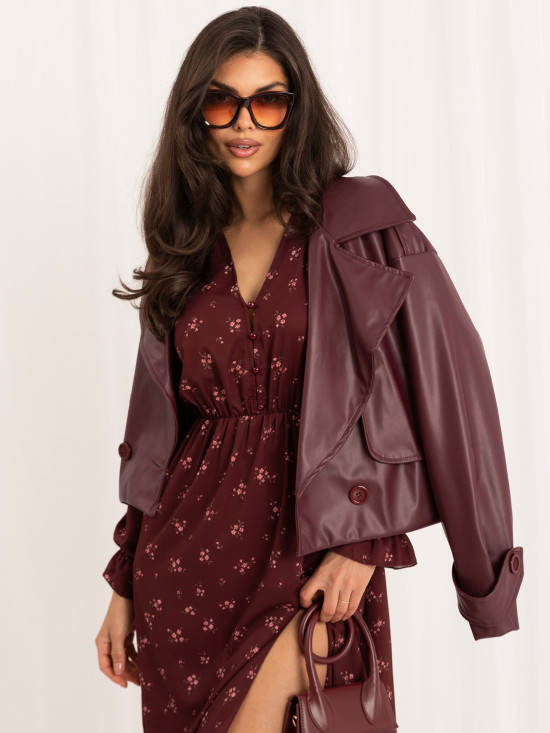 Rochie midi bordo cu imprimeu floral și volan
