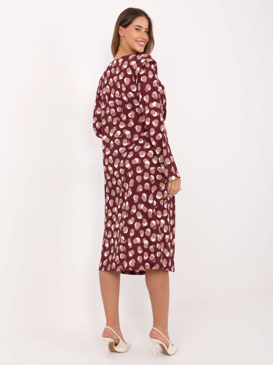 Rochie midi bordo cu model geometric și mâneci lungi