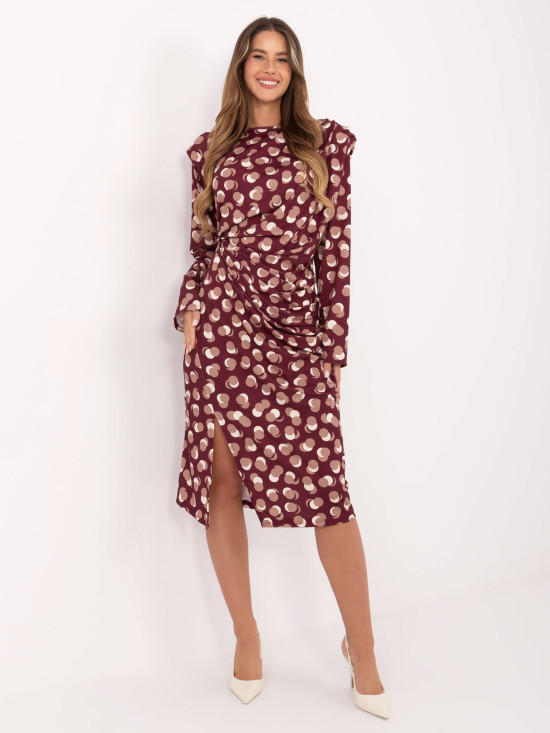 Rochie midi bordo cu model geometric și mâneci lungi