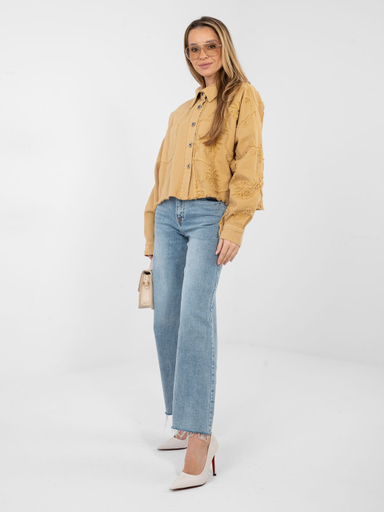 Geacă scurtă din denim maro cu aplicație florală