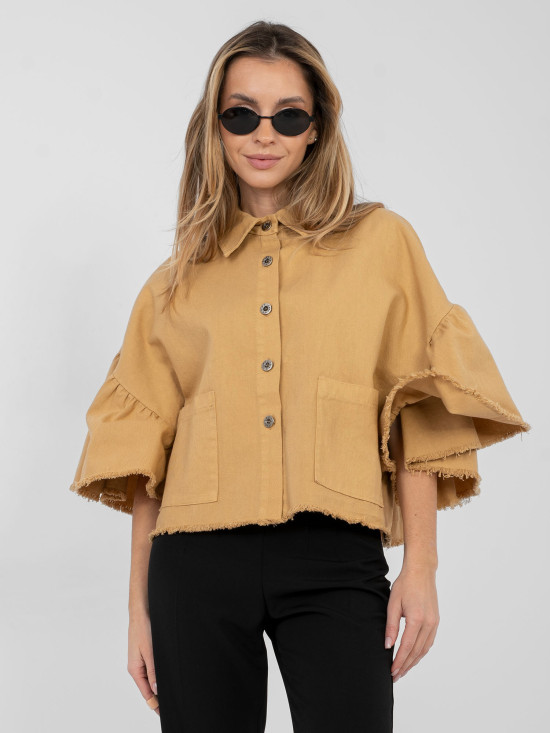 Geacă scurtă maro din bumbac cu volan și mâneci 3/4