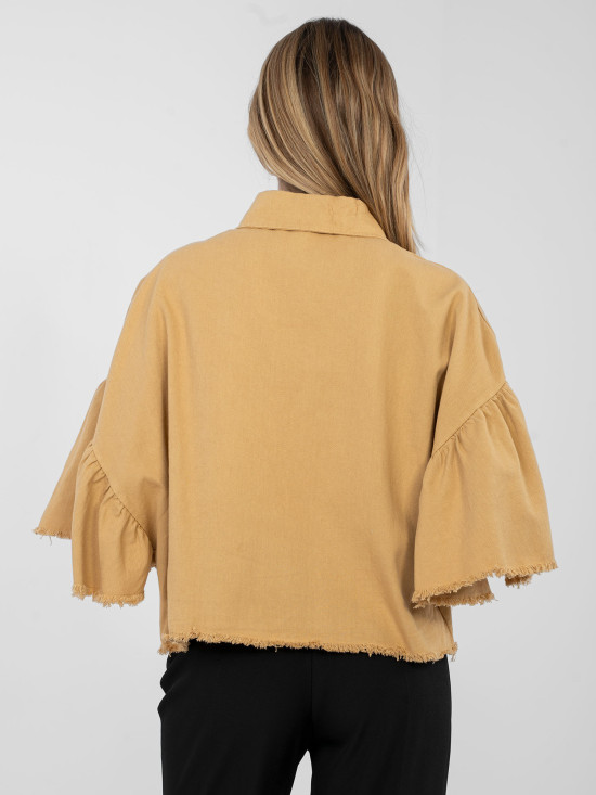 Geacă scurtă maro din bumbac cu volan și mâneci 3/4