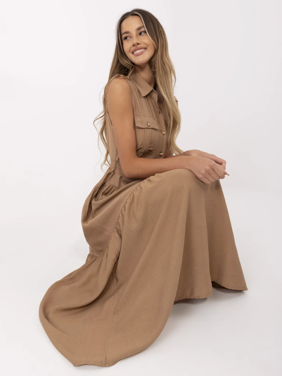 Rochie maxi cu volane și curea în culoarea camel