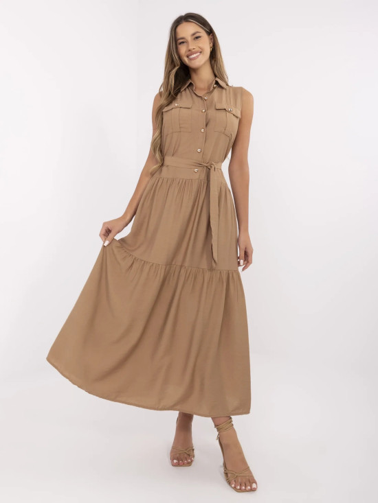 Rochie maxi cu volane și curea în culoarea camel