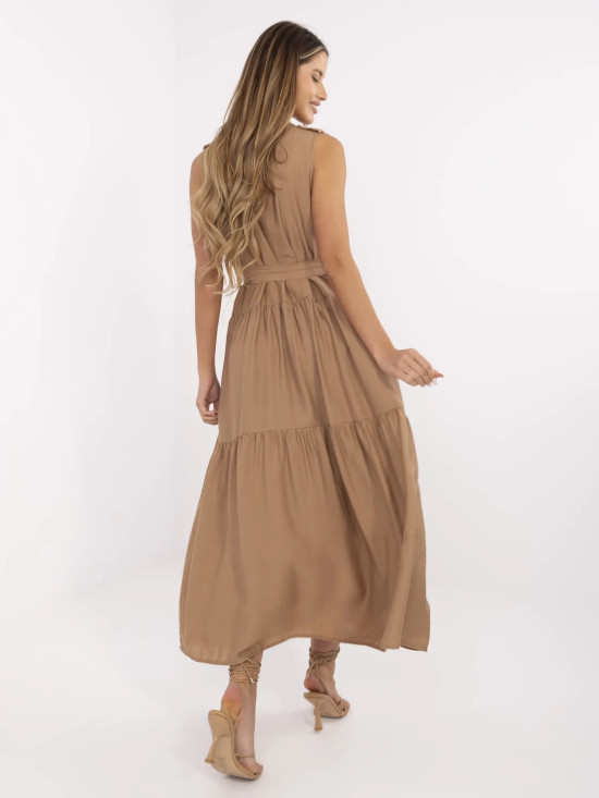 Rochie maxi cu volane și curea în culoarea camel