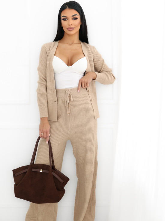 Set tricotat maro cu pantaloni largi