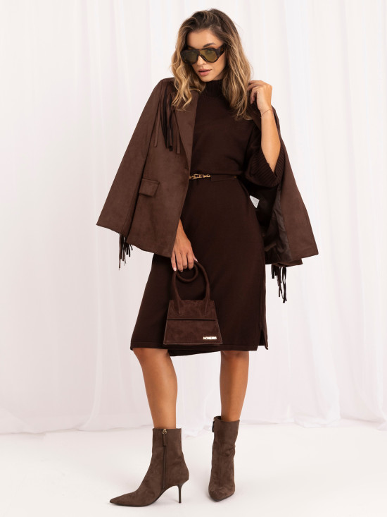 Rochie tricotată oversize maro cu curea și guler înalt