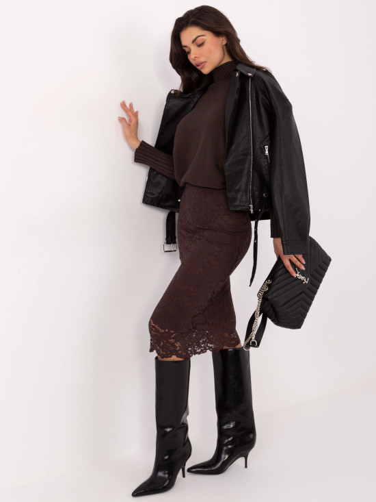 Fustă midi elegantă cu dantelă și căptușeală, maro