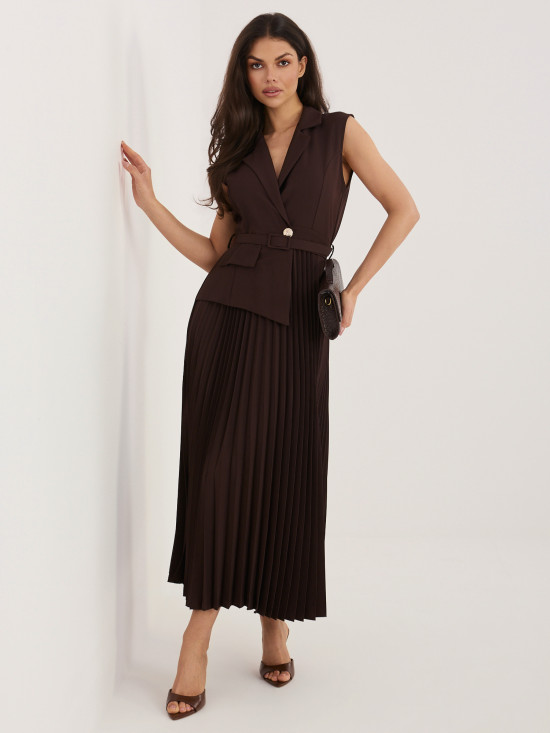 Rochie midi elegantă maro cu curea și paiete