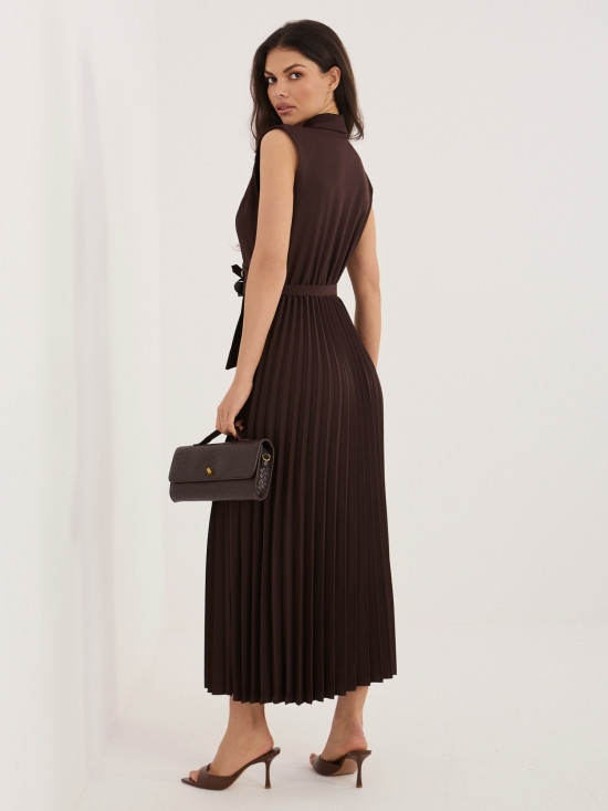 Rochie midi elegantă maro cu curea și paiete