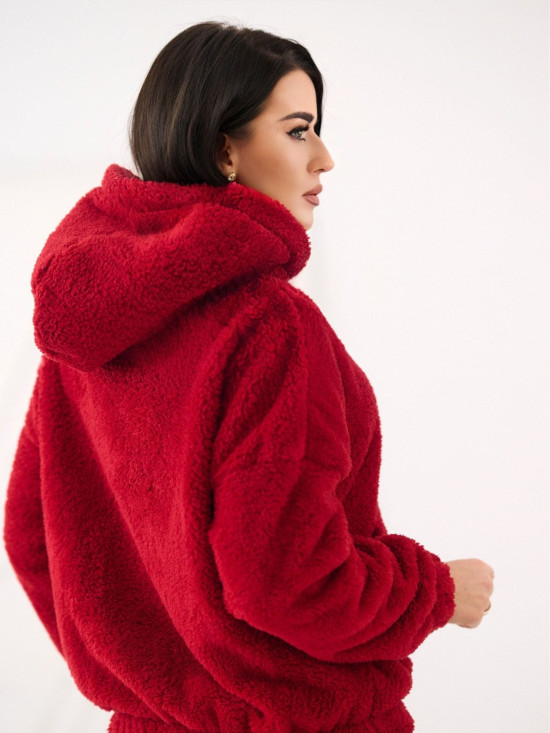 Hanorac roșu închis de damă cu glugă și buzunar