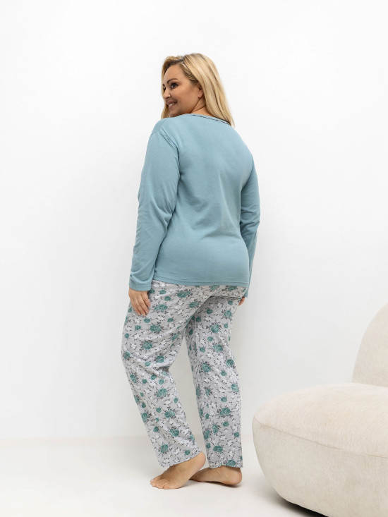 Pijamă damă cu imprimeu floral, mânecă lungă, verde