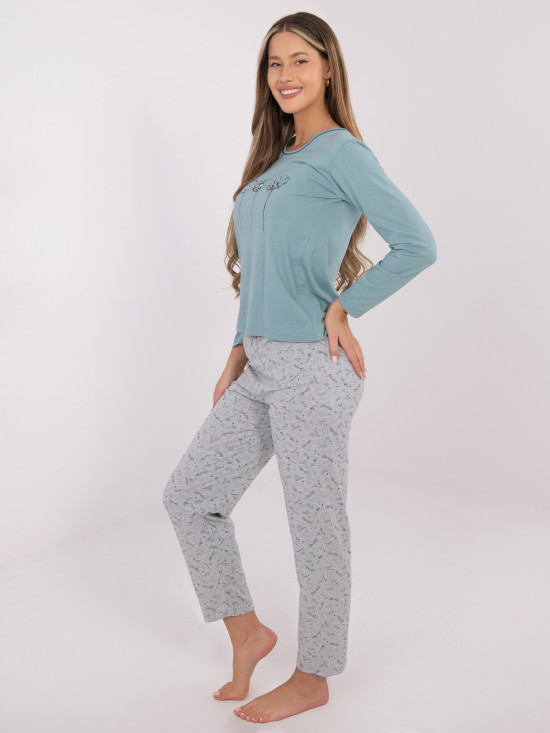 Pijamă din bumbac pentru femei cu imprimeu, verde mentă