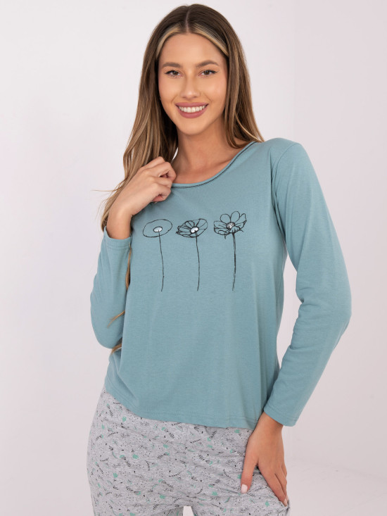 Pijamă din bumbac pentru femei cu imprimeu, verde mentă