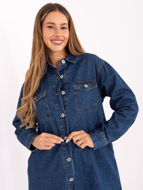 Rochie simplă albastră cu mâneci lungi