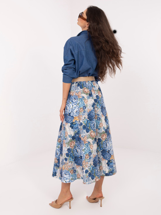 Fustă midi elegantă cu imprimeu floral și curea, albastru închis