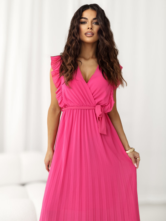 Rochie midi evazată cu curea, roz închis