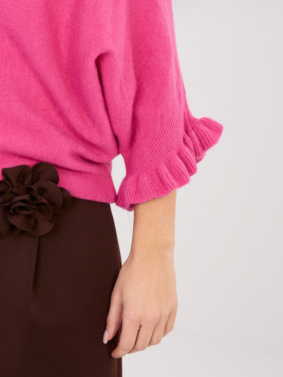 Pulover roz cu mâneci 3/4 și volan