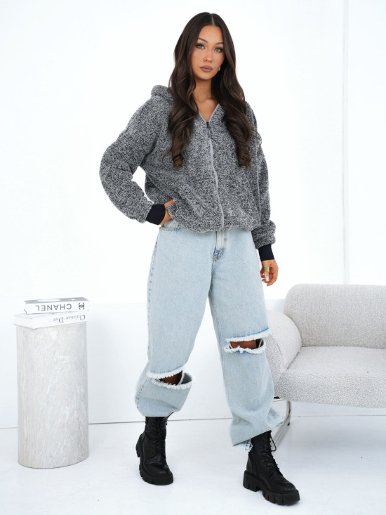 Hanorac gri cu glugă și fermoar