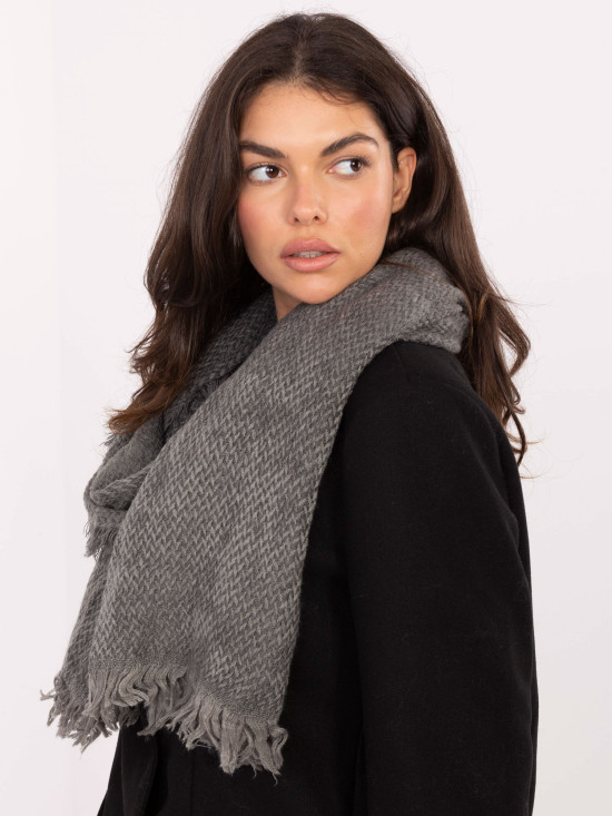 Eșarfă gri închis cu model herringbone și franjuri