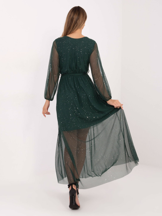 Rochie maxi elegantă cu aplicație și curea, verde închis