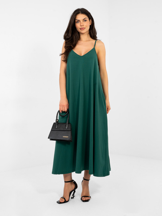 Rochie maxi de vară verde închis cu bretele reglabile