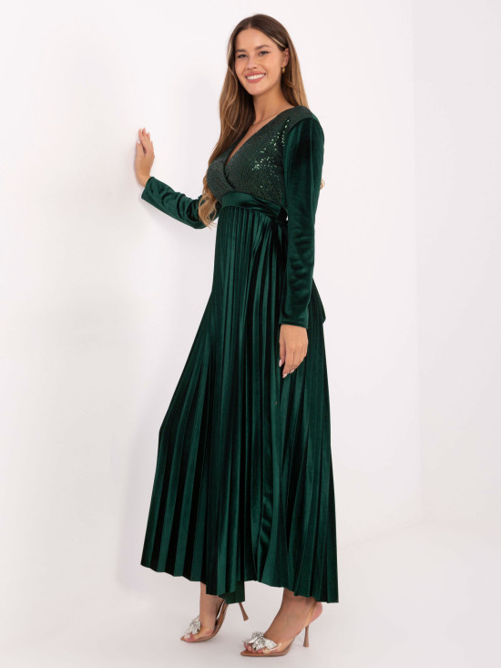 Rochie maxi elegantă cu curea și paiete, verde închis
