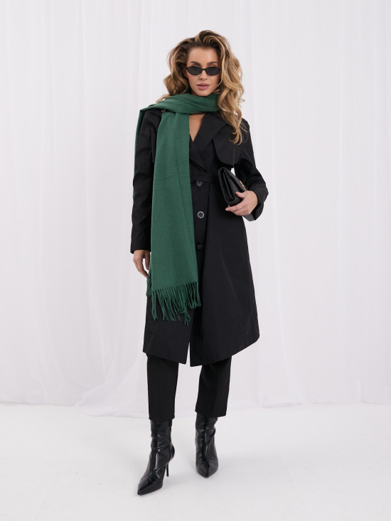 Eșarfă verde închis cu model simplu și franjuri