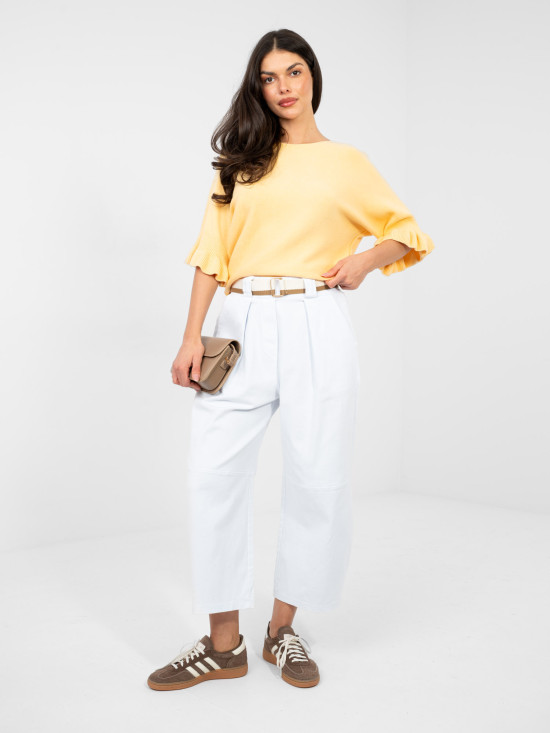 Pulover elegant galben cu volan și mâneci 3/4