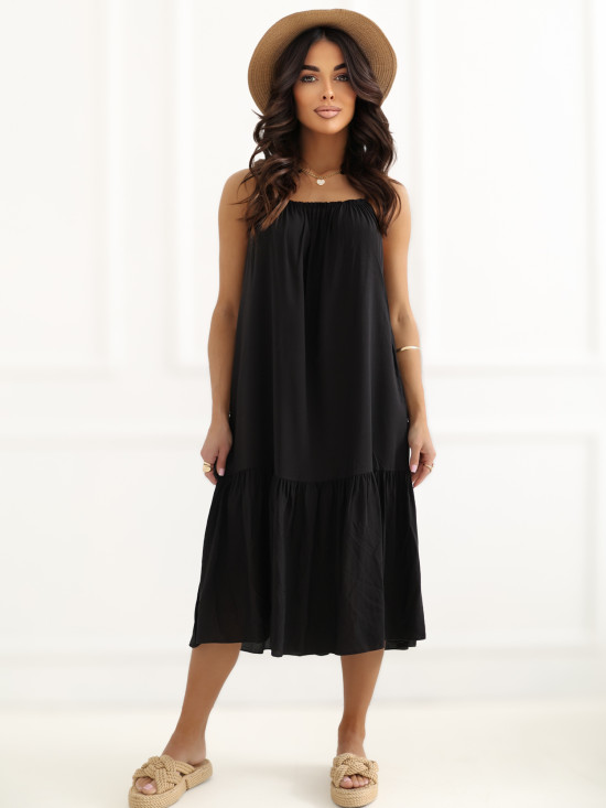 Rochie midi neagră evazată cu volan