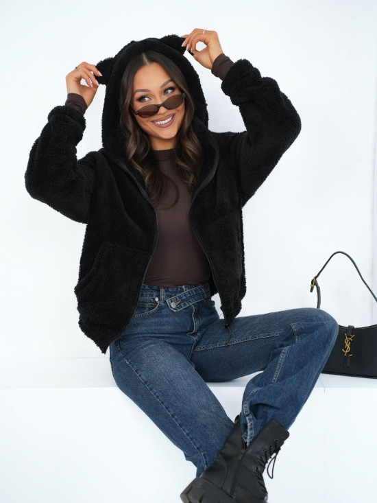 Hanorac negru cu fermoar și glugă