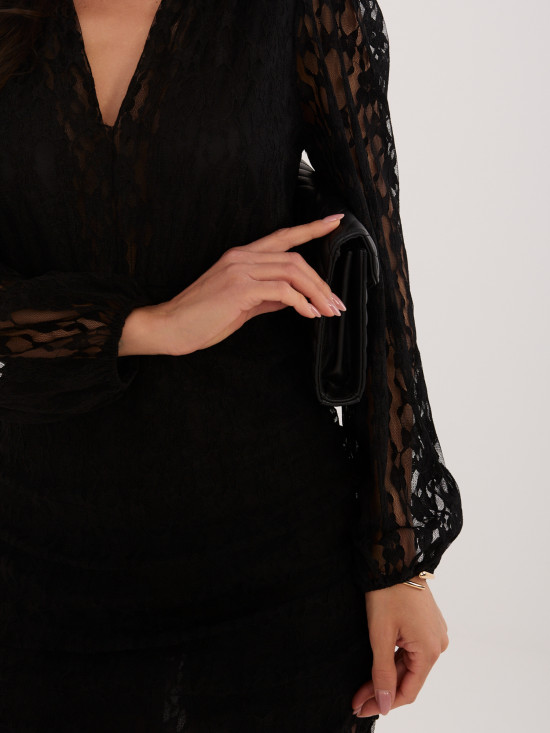 Rochie mini cocktail neagră cu dantelă și mâneci bufante
