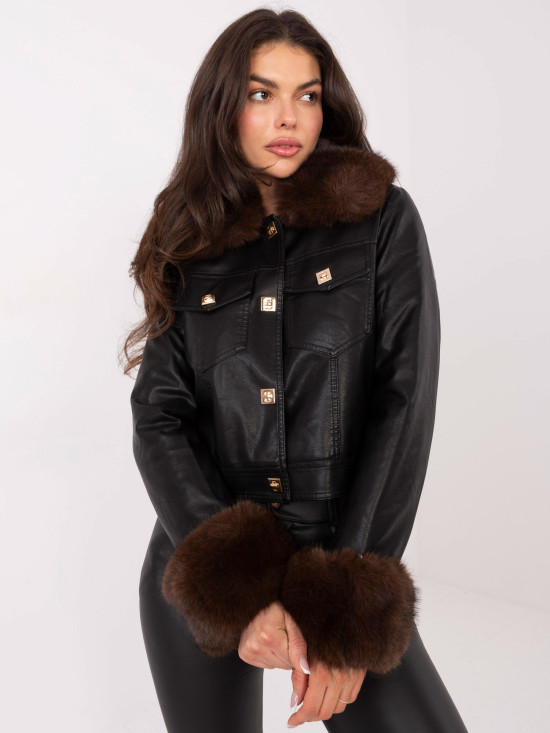 Geacă scurtă neagră din piele ecologică cu căptușeală