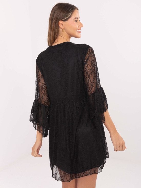 Rochie mini neagră evazată cu dantelă și șnur