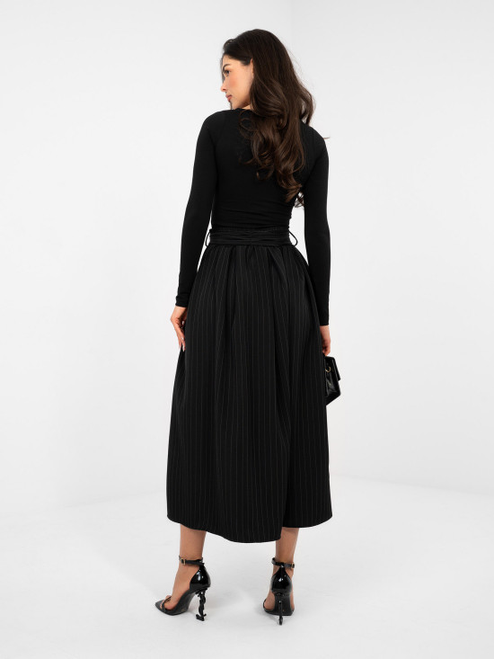 Fustă midi neagră elegantă cu curea și buzunare