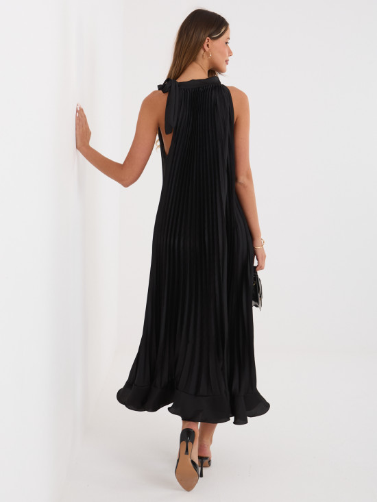 Rochie midi de cocktail neagră cu cordon și volan