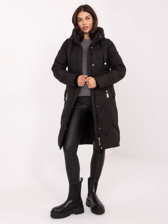 Palton lung negru matlasat cu glugă