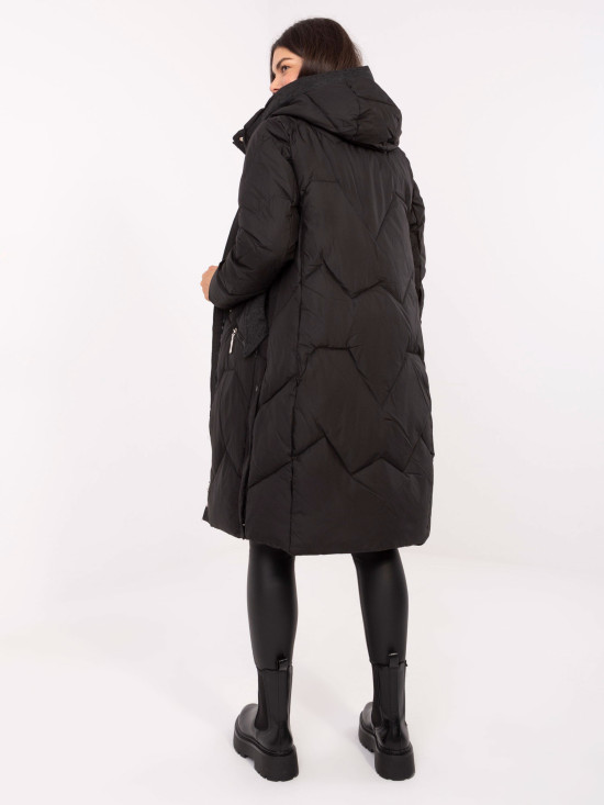 Palton lung negru matlasat cu glugă