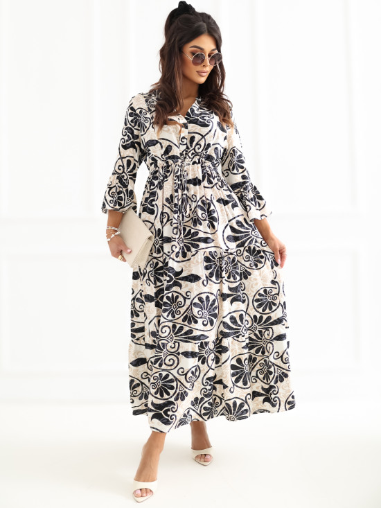 Rochie midi neagră cu imprimeu și cordon