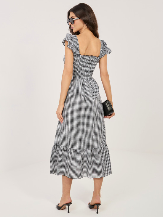 Rochie midi neagră cu volan și model în carouri