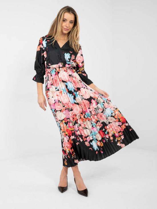 Rochie maxi neagră cu imprimeu floral și curea