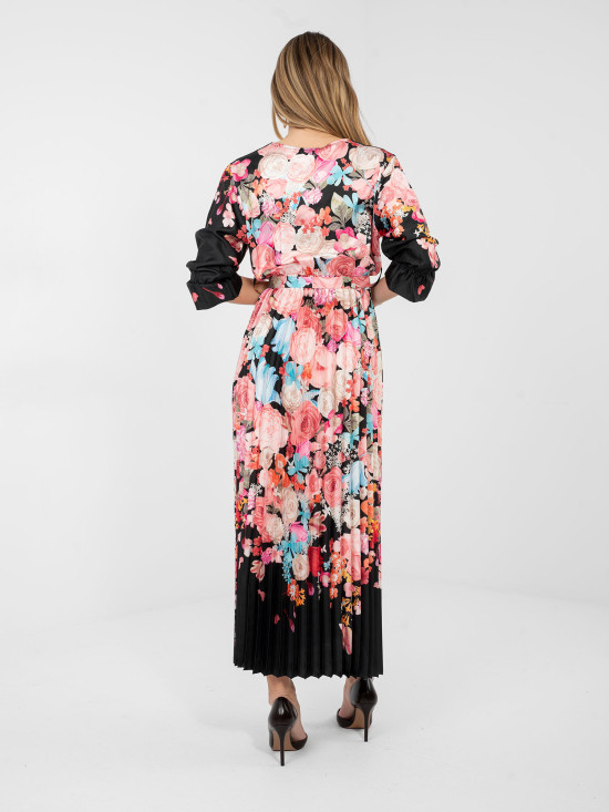 Rochie maxi neagră cu imprimeu floral și curea