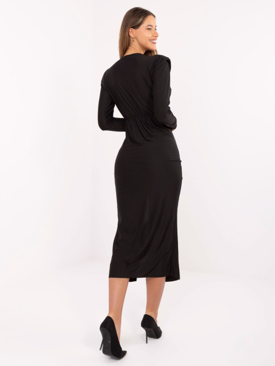 Rochie midi tip creion neagră cu mâneci lungi și decolteu petrecut