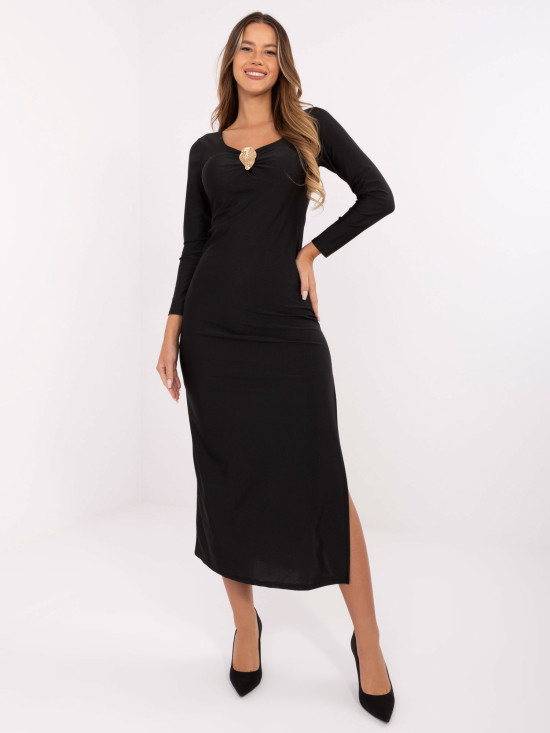 Rochie midi elegantă neagră cu mâneci lungi și decolteu în V