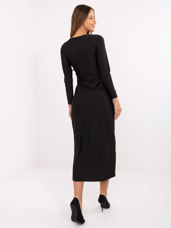 Rochie midi elegantă neagră cu mâneci lungi și decolteu în V
