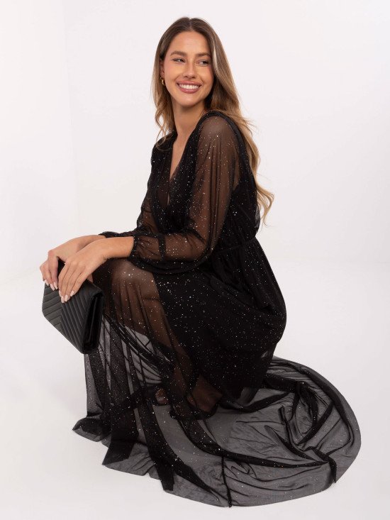 Rochie maxi neagră cu curea și aplicație